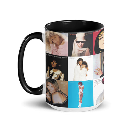 Barbra Streisand Black Two-Tone Accent Coffee Mug - Classic Rock Band Album Covers Collage Mug