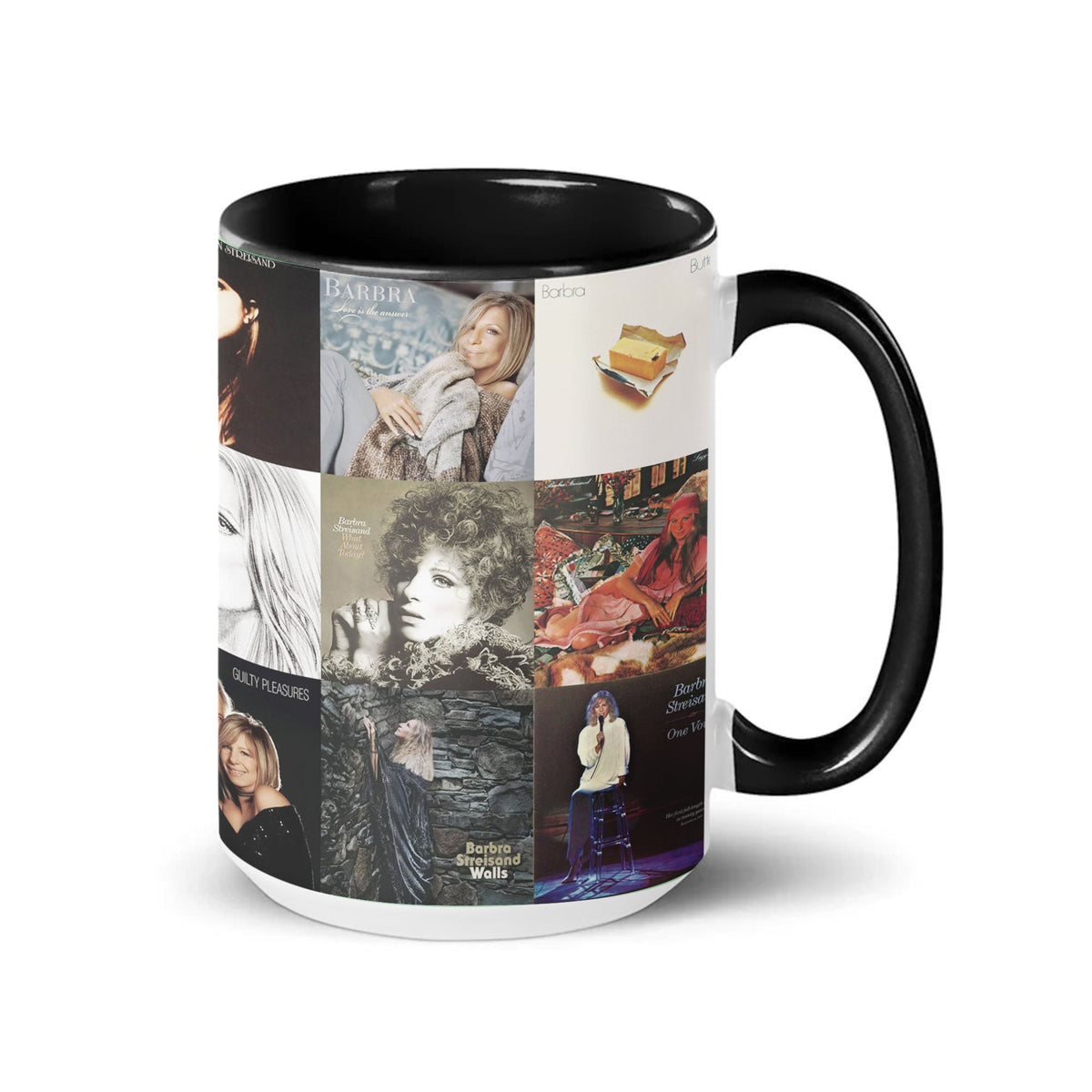 Barbra Streisand Black Two-Tone Accent Coffee Mug - Classic Rock Band Album Covers Collage Mug