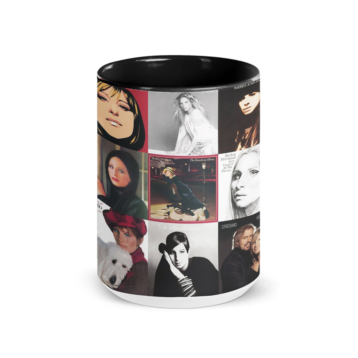 Barbra Streisand Black Two-Tone Accent Coffee Mug - Classic Rock Band Album Covers Collage Mug