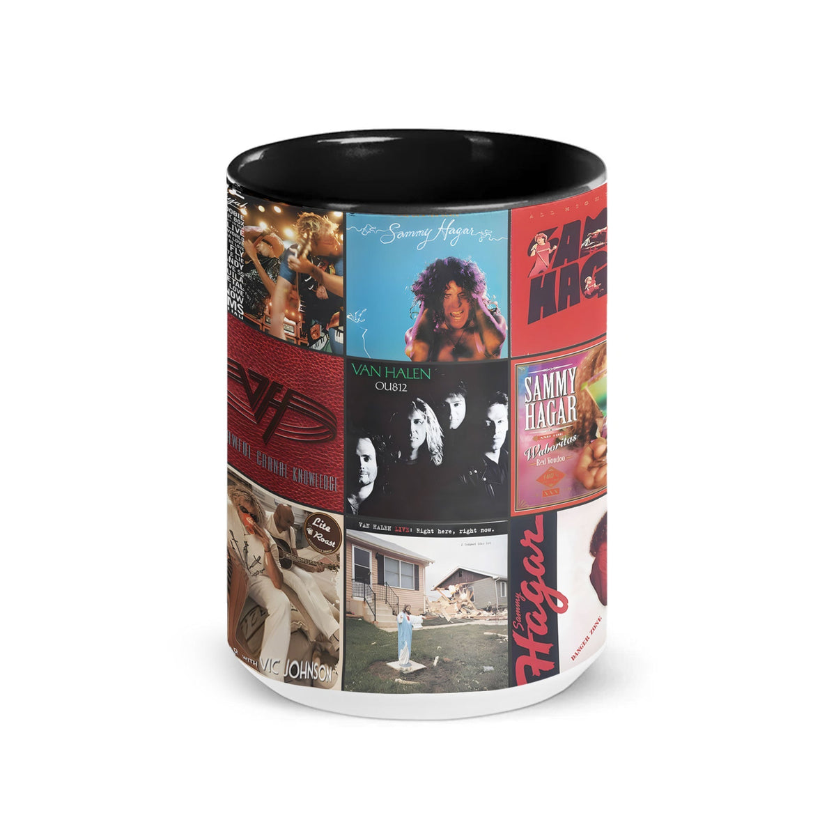 Sammy Hagar & Van Halen Black Two-Tone Accent Coffee Mug - Classic Rock Band Album Covers Collage Mug