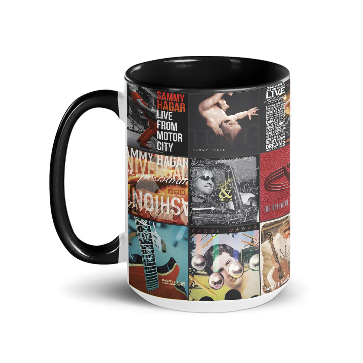 Sammy Hagar & Van Halen Black Two-Tone Accent Coffee Mug - Classic Rock Band Album Covers Collage Mug