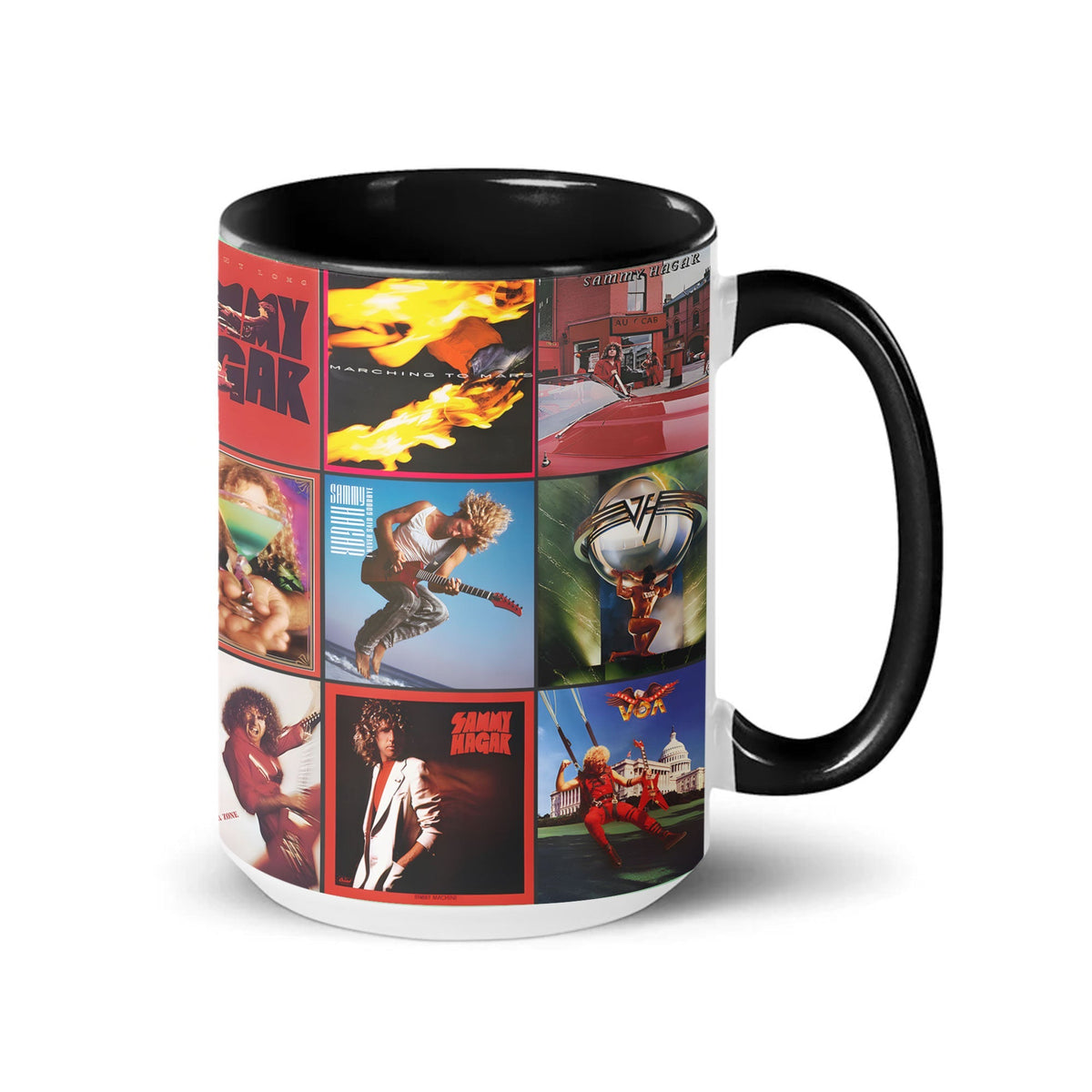 Sammy Hagar & Van Halen Black Two-Tone Accent Coffee Mug - Classic Rock Band Album Covers Collage Mug