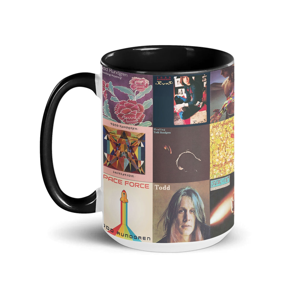 Todd Rundgren Black Two-Tone Accent Coffee Mug - Classic Rock Band Album Covers Collage Mug