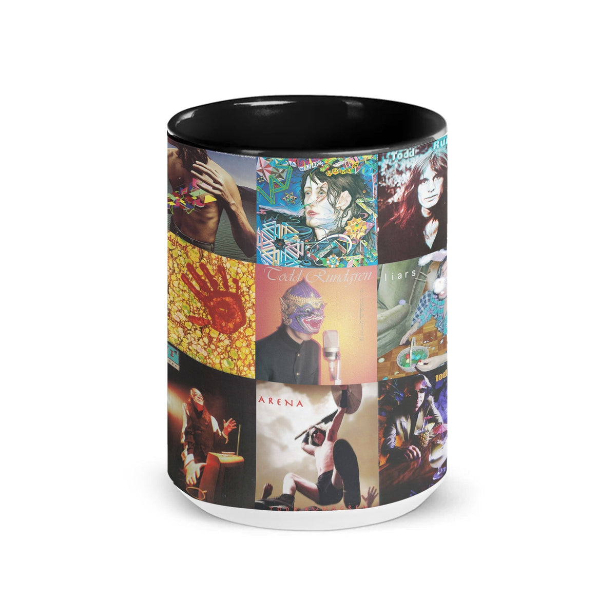 Todd Rundgren Black Two-Tone Accent Coffee Mug - Classic Rock Band Album Covers Collage Mug