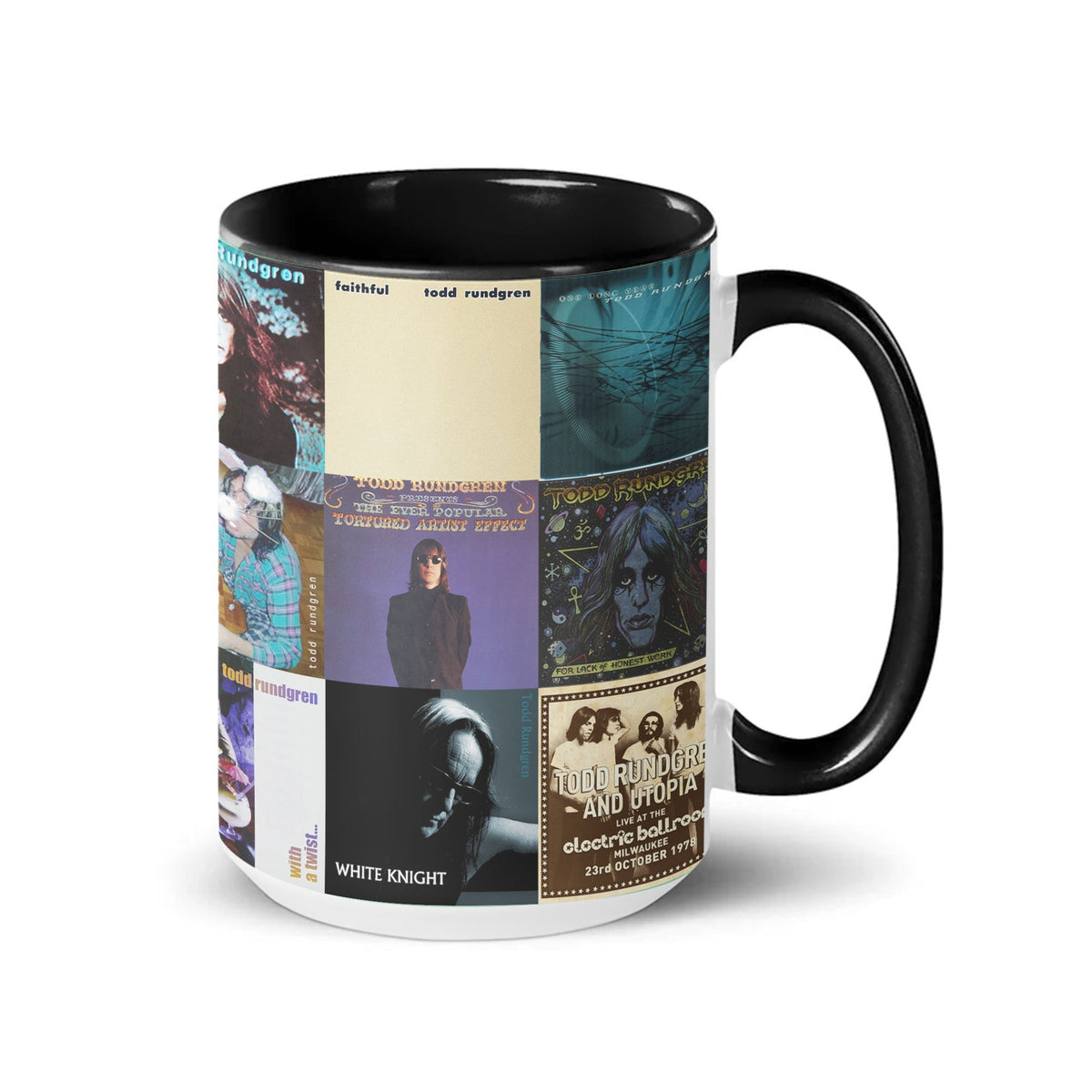 Todd Rundgren Black Two-Tone Accent Coffee Mug - Classic Rock Band Album Covers Collage Mug