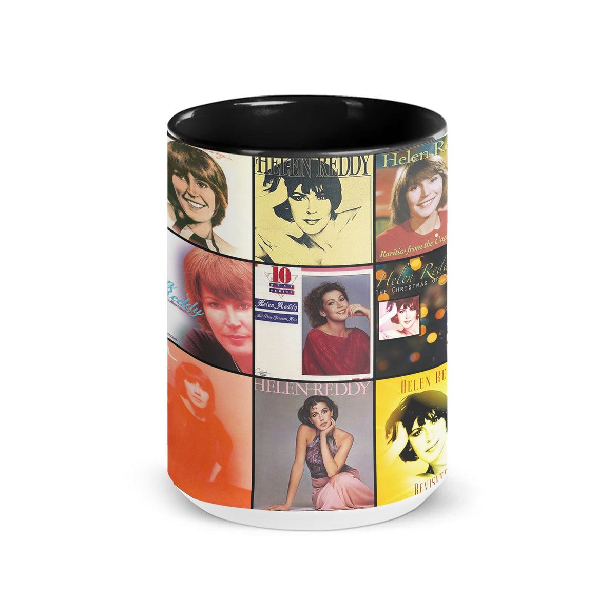 Helen Reddy Black Two-Tone Accent Coffee Mug - Classic Rock Band Album Covers Collage Mug