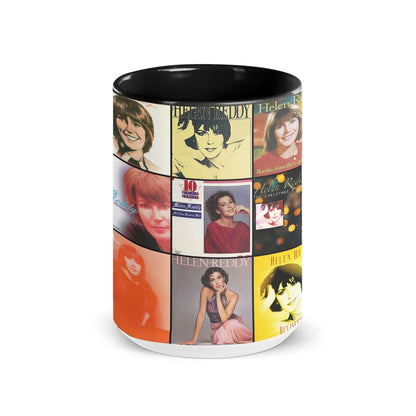 Helen Reddy Black Two-Tone Accent Coffee Mug - Classic Rock Band Album Covers Collage Mug