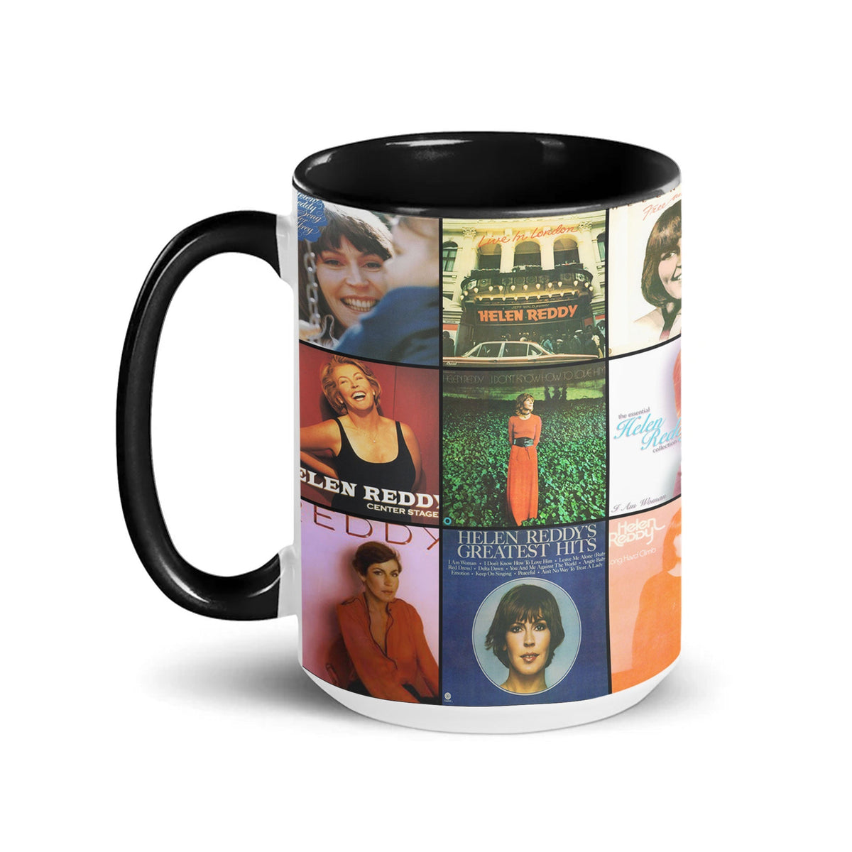 Helen Reddy Black Two-Tone Accent Coffee Mug - Classic Rock Band Album Covers Collage Mug