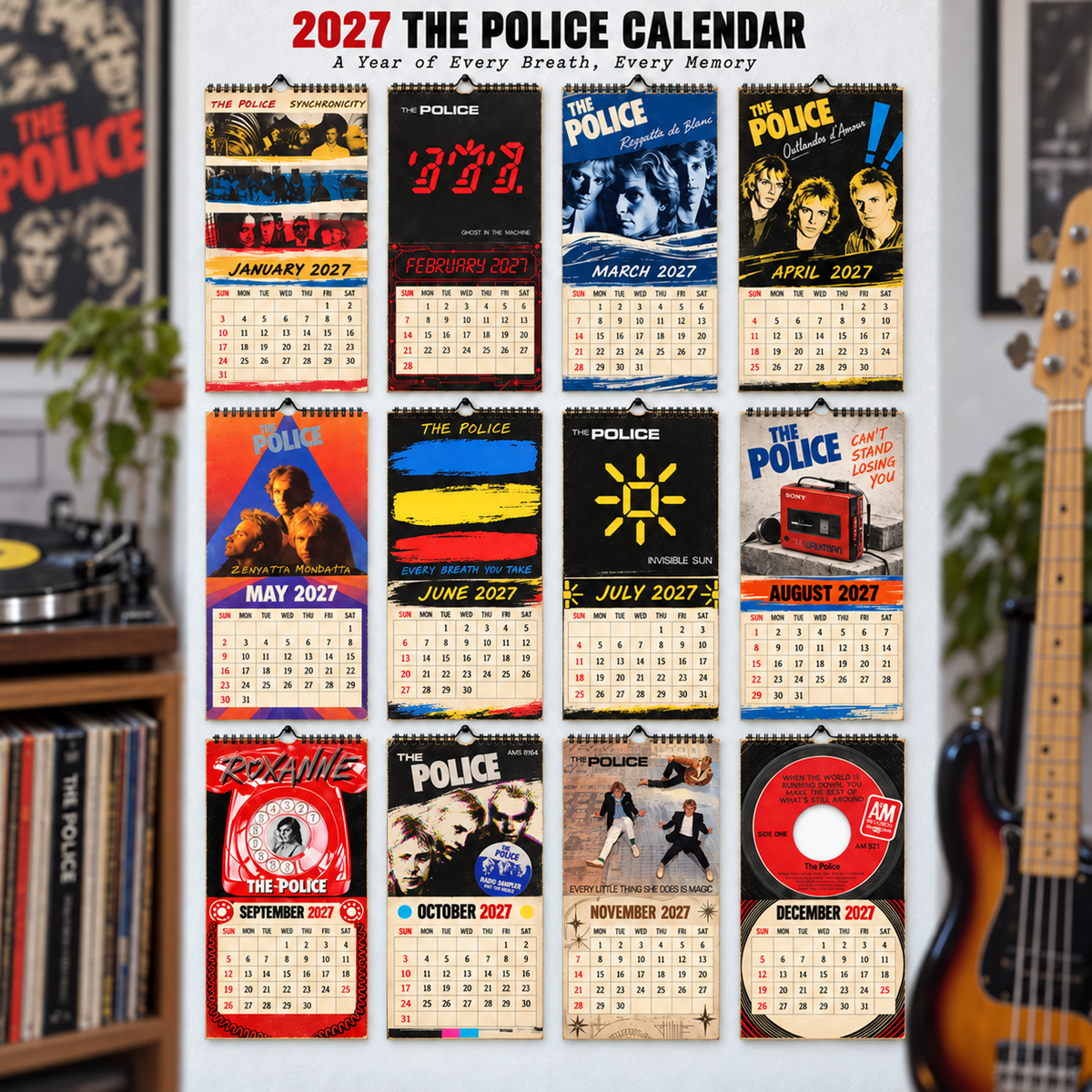 The Police 2027 Wall Calendar - Album Cover Collage & New Wave Discography Art | Rock Fan Gift & Hanging Decor