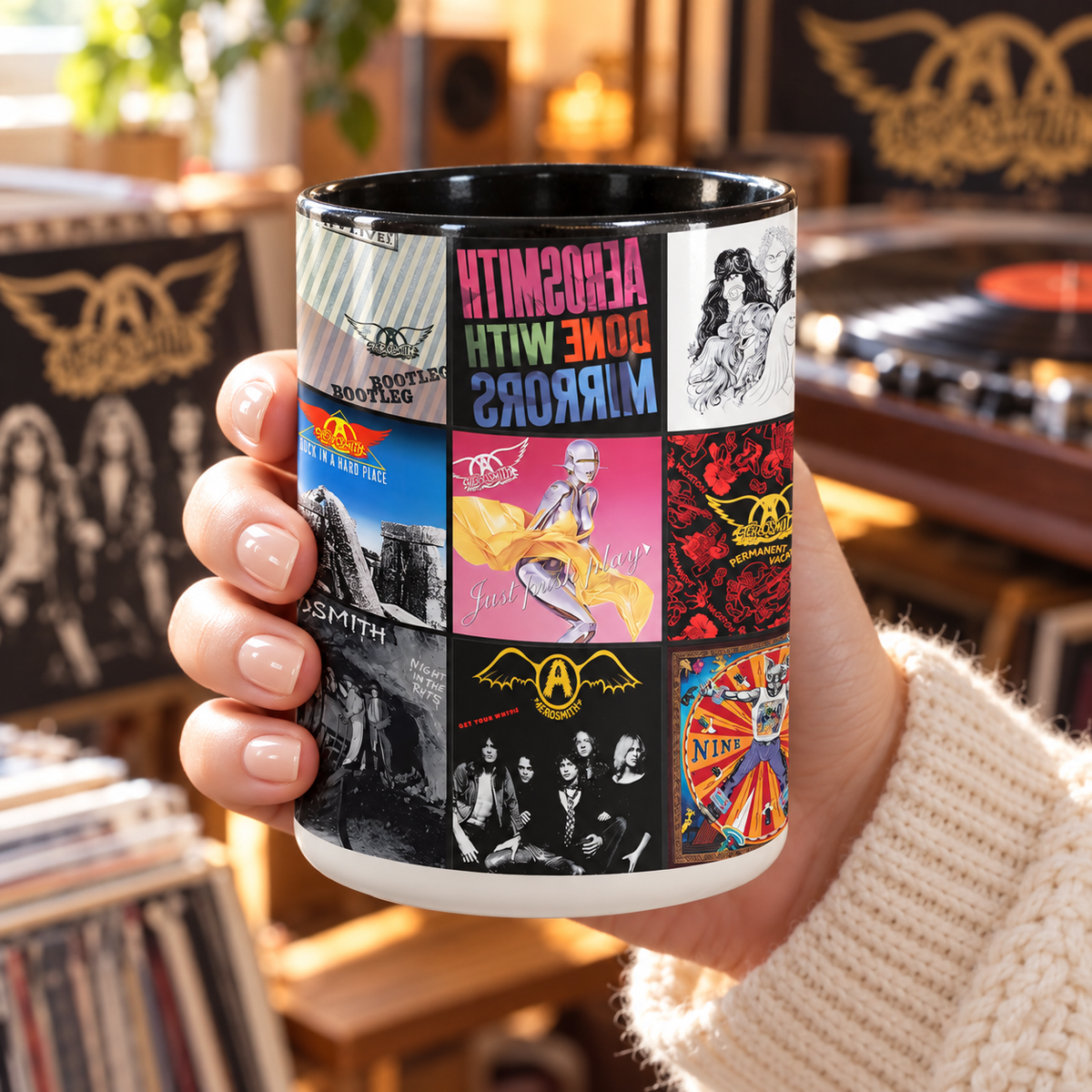 Aerosmith Black Two-Tone Accent Coffee Mug - Classic Rock Band Album Covers Collage Mug