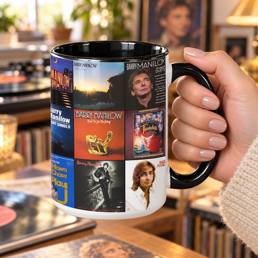 Barry Manilow Black Two-Tone Accent Coffee Mug - Classic Rock Band Album Covers Collage Mug