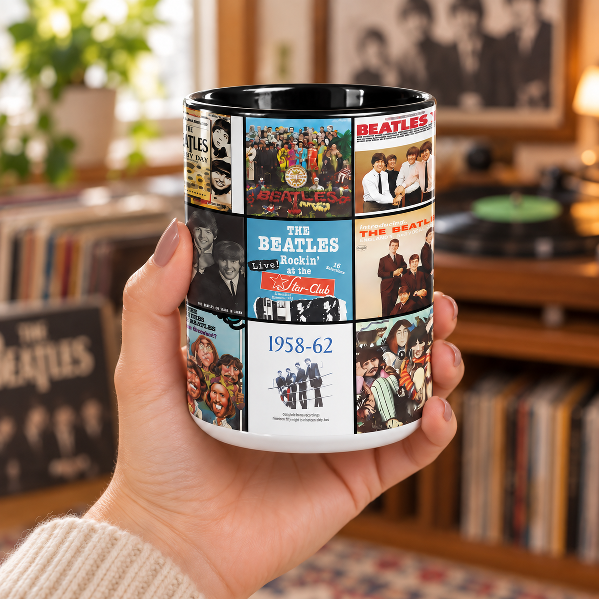 The Beatles Black Two-Tone Accent Coffee Mug - Classic Rock Band Album Covers Collage Mug
