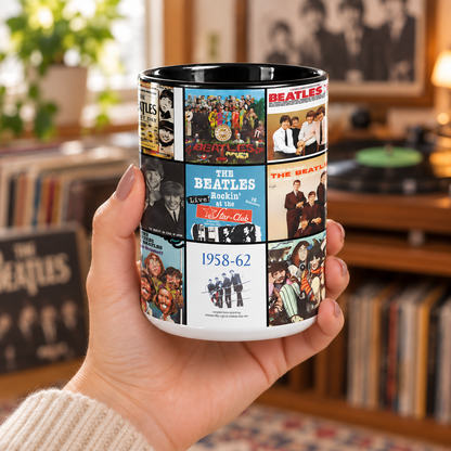 The Beatles Black Two-Tone Accent Coffee Mug - Classic Rock Band Album Covers Collage Mug