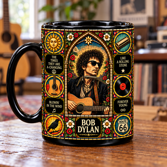 Bob Dylan Stained Glass Ceramic Coffee Mug - Acoustic Guitar & Harmonica Cup - Folk Rock Music Fan Unique Gift Idea