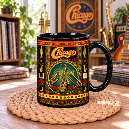 Chicago Band Mexican Folk Art Ceramic Coffee Mug - Horn Section & Cursive Logo Cup - Jazz Rock Music Fan Unique Gift Idea