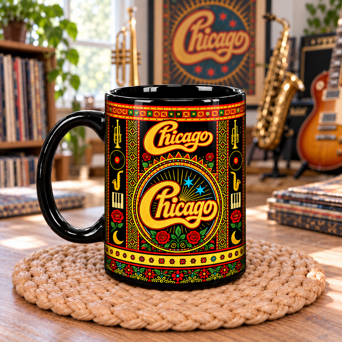 Chicago Band Mexican Folk Art Ceramic Coffee Mug - Horn Section & Cursive Logo Cup - Jazz Rock Music Fan Unique Gift Idea