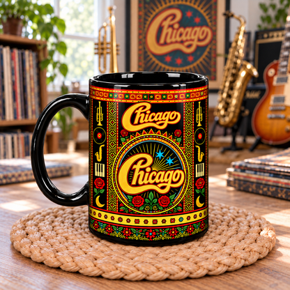Chicago Band Mexican Folk Art Ceramic Coffee Mug - Horn Section & Cursive Logo Cup - Jazz Rock Music Fan Unique Gift Idea