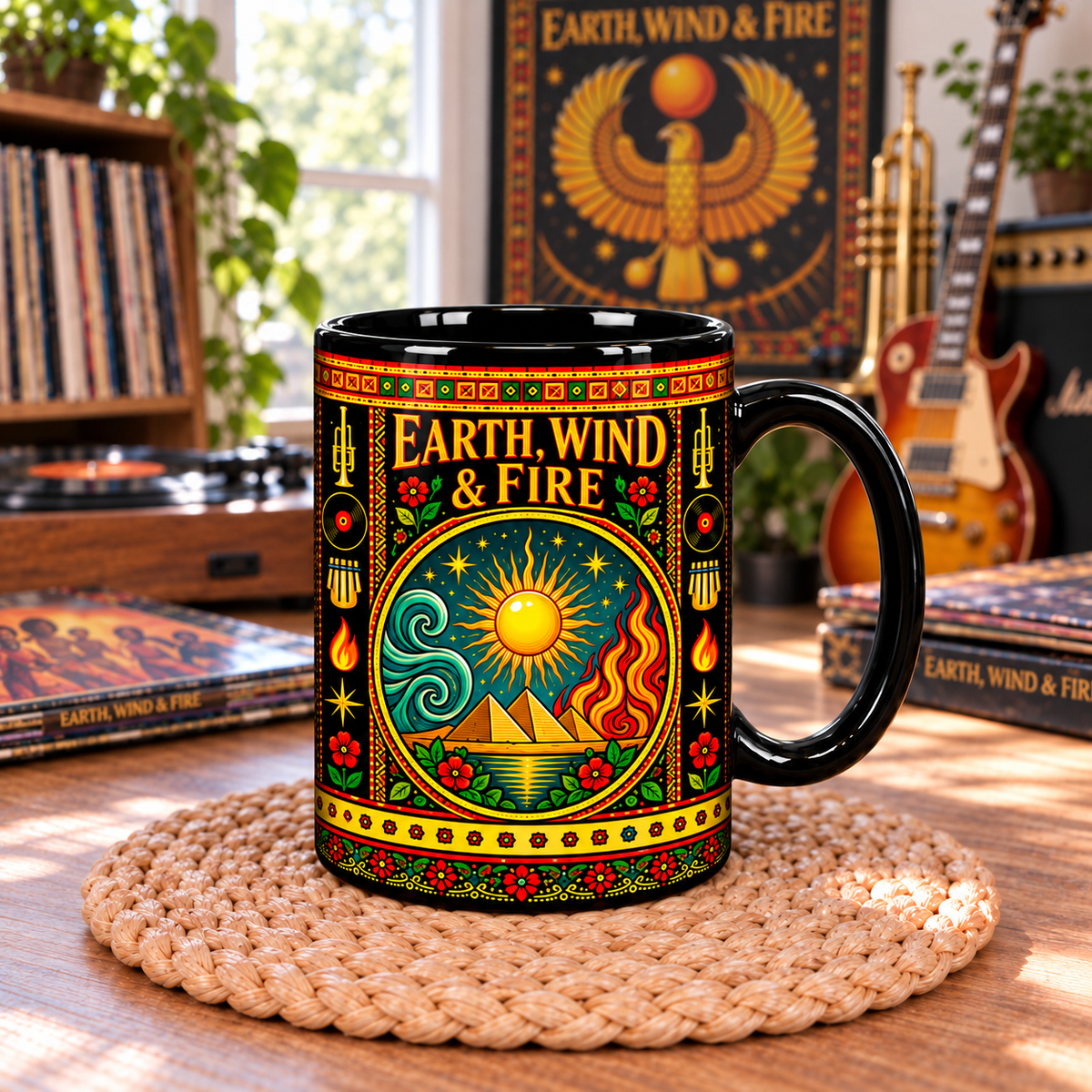 Earth Wind and Fire Mexican Folk Art Ceramic Coffee Mug - Pyramids Sun Wind Fire Cup - Funk Soul Music Fan Unique Gift Idea