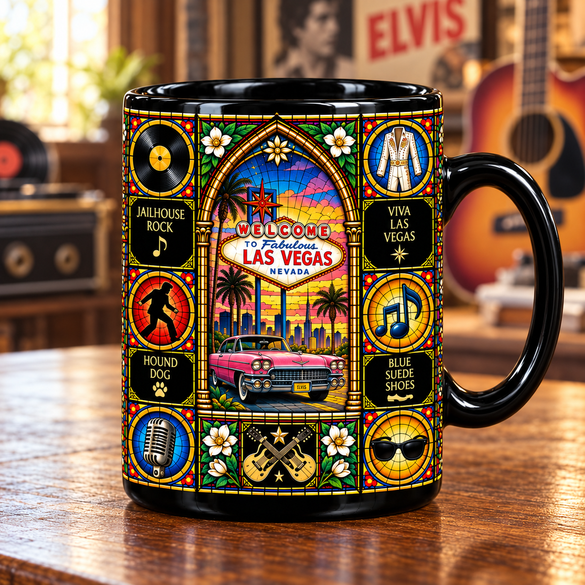 Elvis Presley Stained Glass Ceramic Coffee Mug - Pink Cadillac & Las Vegas Cup - Rock and Roll King Fan Unique Gift Idea