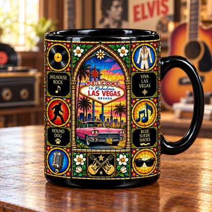 Elvis Presley Stained Glass Ceramic Coffee Mug - Pink Cadillac & Las Vegas Cup - Rock and Roll King Fan Unique Gift Idea