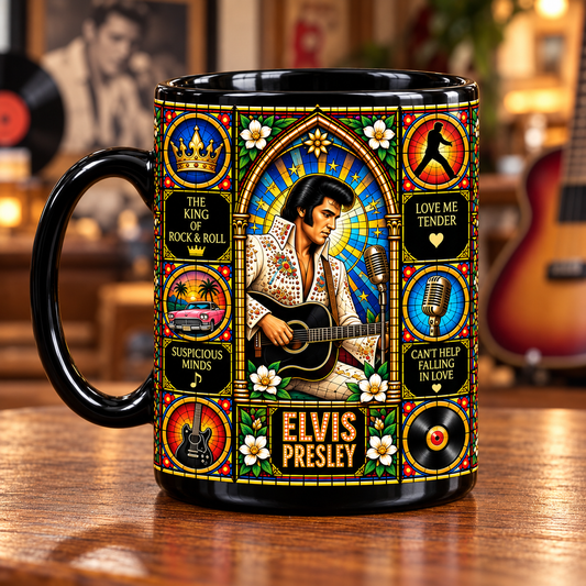 Elvis Presley Stained Glass Ceramic Coffee Mug - Pink Cadillac & Las Vegas Cup - Rock and Roll King Fan Unique Gift Idea
