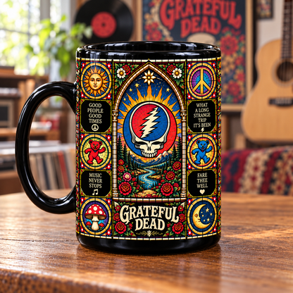 Grateful Dead Stained Glass Ceramic Coffee Mug - Stealie Skull & Dancing Bears Cup - Jam Band Music Fan Unique Gift Idea
