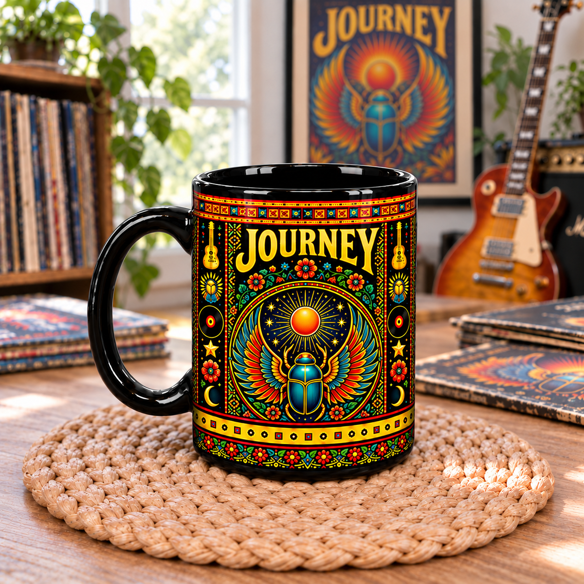 Journey Band Mexican Folk Art Ceramic Coffee Mug - Winged Wheel & Scarab Sunburst Cup - Classic Rock Fan Unique Gift Idea