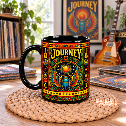 Journey Band Mexican Folk Art Ceramic Coffee Mug - Winged Wheel & Scarab Sunburst Cup - Classic Rock Fan Unique Gift Idea