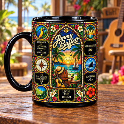 Jimmy Buffett Stained Glass Ceramic Coffee Mug - Margaritaville & Parrot Cup - Tropical Island Rock Fan Unique Gift Idea