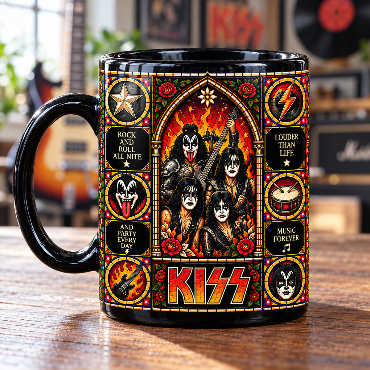 KISS Stained Glass Ceramic Coffee Mug - Face Paint & Tour Bus Cup - Glam Hard Rock Band Music Fan Unique Gift Idea
