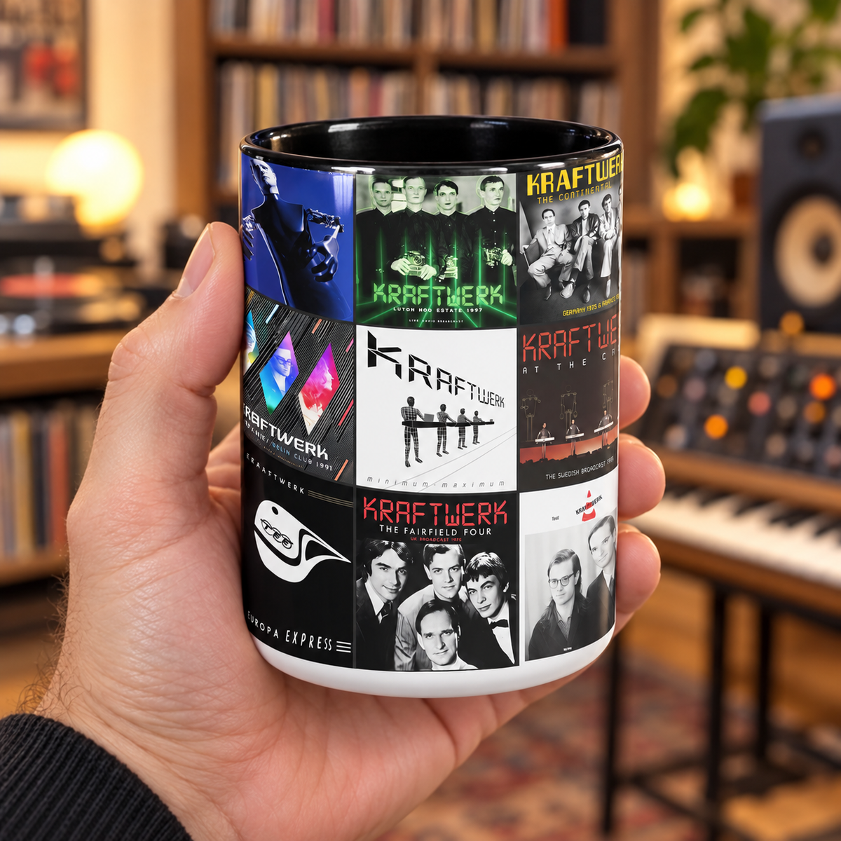 Kraftwerk Black Two-Tone Accent Coffee Mug - Classic Rock Band Album Covers Collage Mug