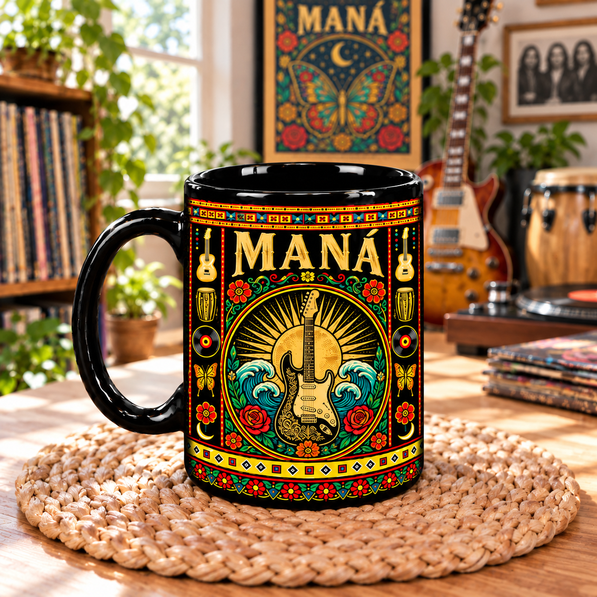 Maná Rock Band Mexican Folk Art Ceramic Coffee Mug - Guitar & Waves Sunburst Art Cup for Music Lovers Home Kitchen Decor