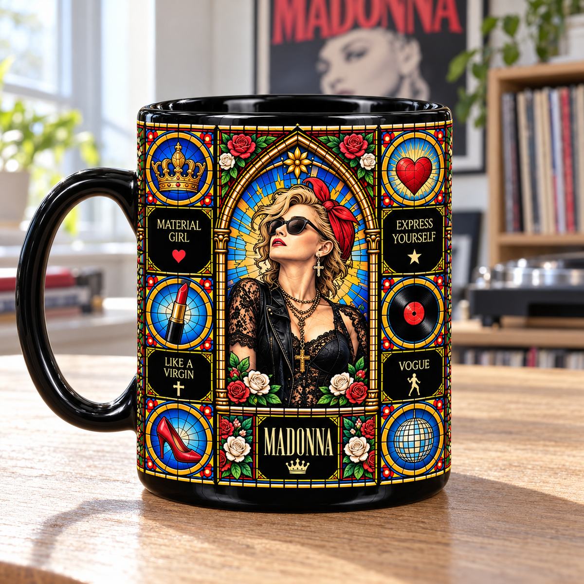 Madonna Stained Glass Ceramic Coffee Mug - Queen of Pop & Lace Dress Cup - Pop Music Legend Fan Unique Gift Idea