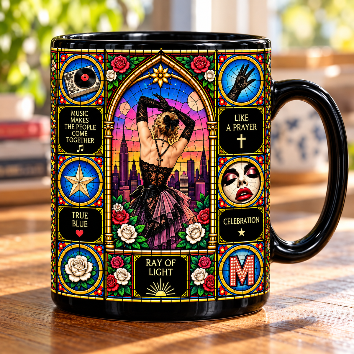 Madonna Stained Glass Ceramic Coffee Mug - Queen of Pop & Lace Dress Cup - Pop Music Legend Fan Unique Gift Idea
