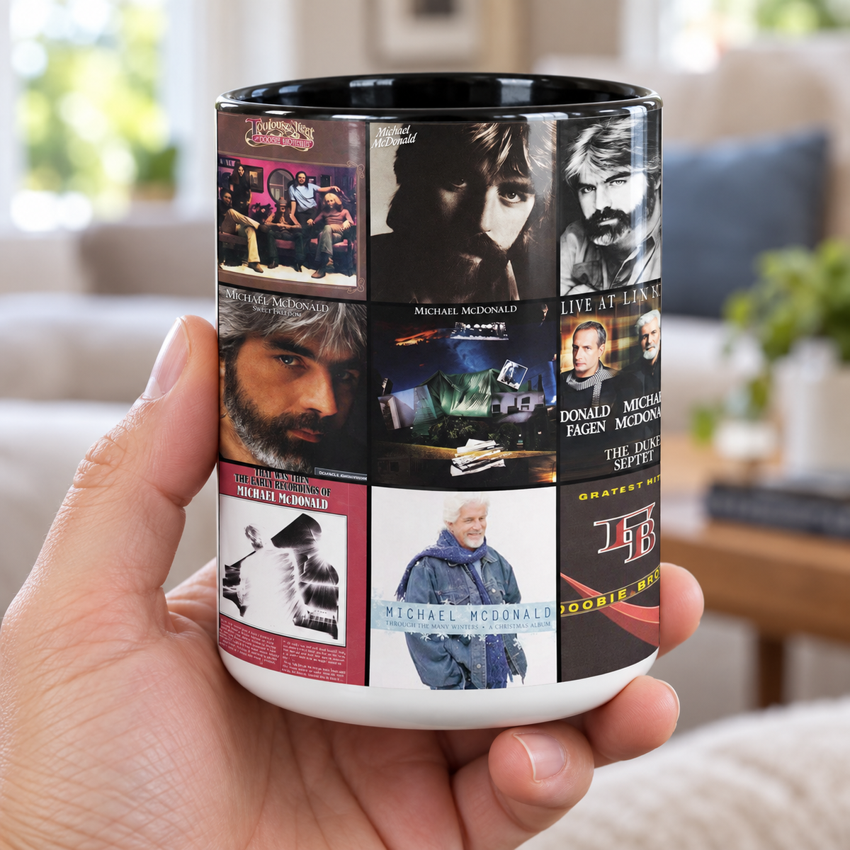 Michael McDonald Black Two-Tone Accent Coffee Mug - Classic Band Album Covers Collage Mug
