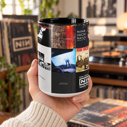 Nine Inch Nails Black Two-Tone Accent Coffee Mug - Classic Band Album Covers Collage Mug
