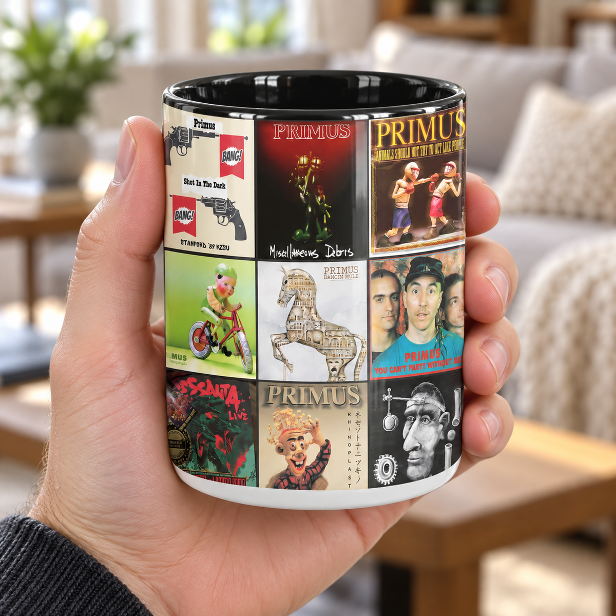 PRIMUS Black Two-Tone Accent Coffee Mug - Classic Band Album Covers Collage Mug