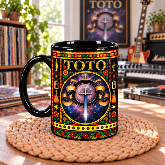 TOTO Band Mexican Folk Art Ceramic Coffee Mug - Galaxy Sword & Instruments Cup - Soft Warm Rock Music Fan Gift Idea
