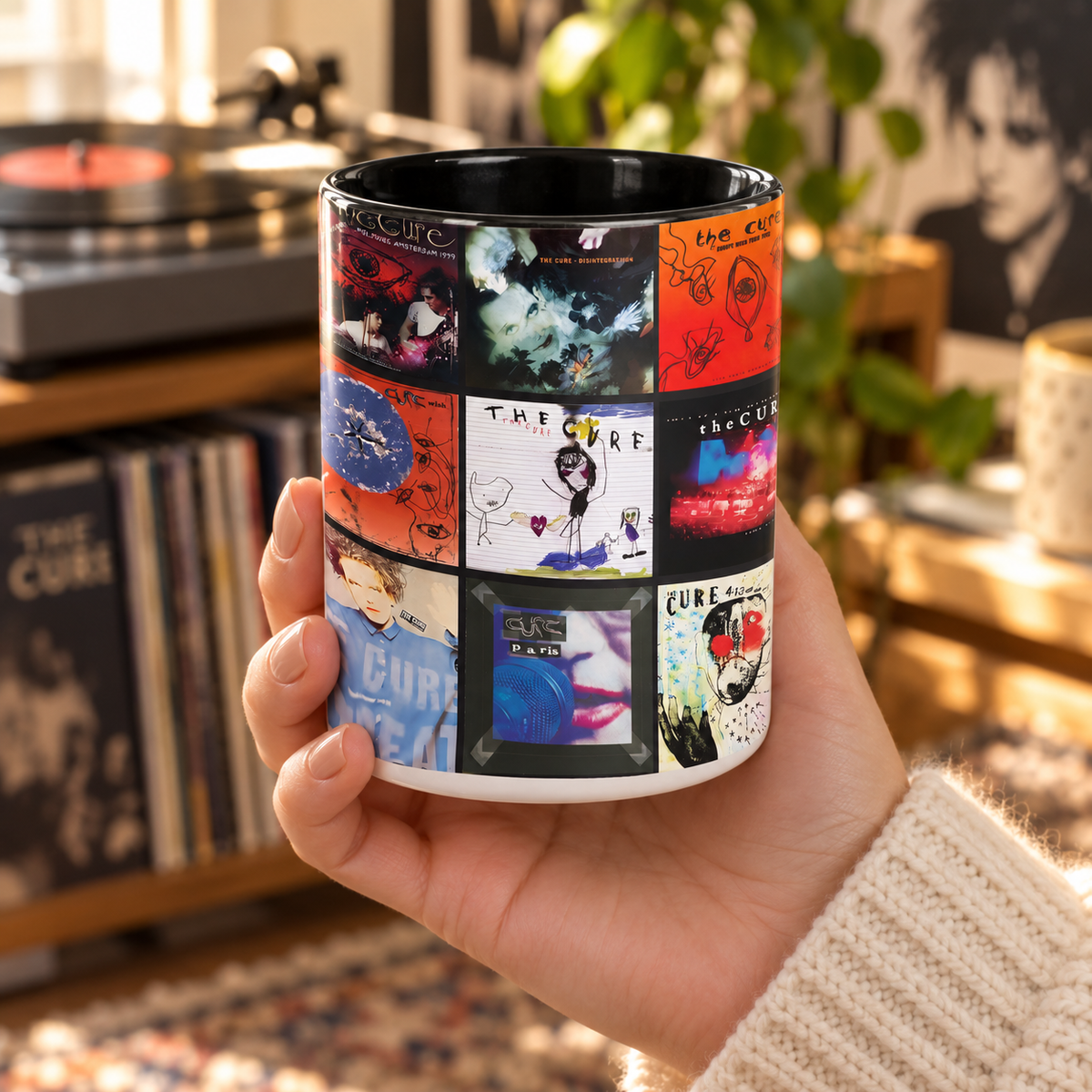 The Cure Black Two-Tone Accent Coffee Mug - Classic Rock Band Album Covers Collage Mug