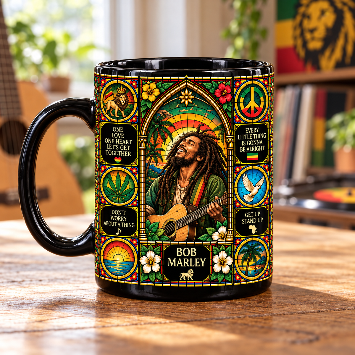 Bob Marley Reggae Stained Glass Ceramic Coffee Mug - Tropical Sunset & Guitar Cup - Reggae Music Fan Unique Gift Idea
