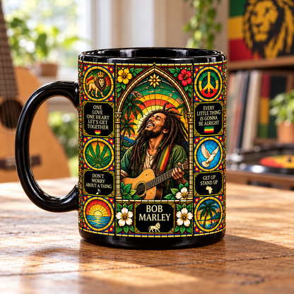 Bob Marley Reggae Stained Glass Ceramic Coffee Mug - Tropical Sunset & Guitar Cup - Reggae Music Fan Unique Gift Idea