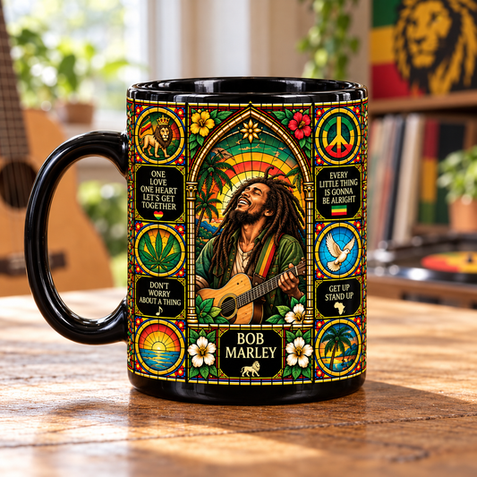 Bob Marley Reggae Stained Glass Ceramic Coffee Mug - Tropical Sunset & Guitar Cup - Reggae Music Fan Unique Gift Idea