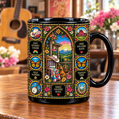Dolly Parton Stained Glass Ceramic Coffee Mug - Butterfly & Cowboy Hat Cup - Country Music Legend Fan Unique Gift Idea