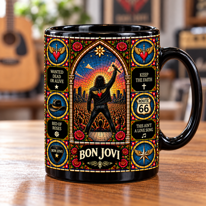 Bon Jovi Stained Glass Ceramic Coffee Mug - Heart Dagger & Cowboy Hat Cup - Glam Hard Rock Band Fan Unique Gift Idea