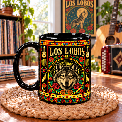 Los Lobos Mexican Folk Art Ceramic Coffee Mug - Howling Wolf Mascot & Accordion Cup - Chicano Rock Fan Unique Gift Idea