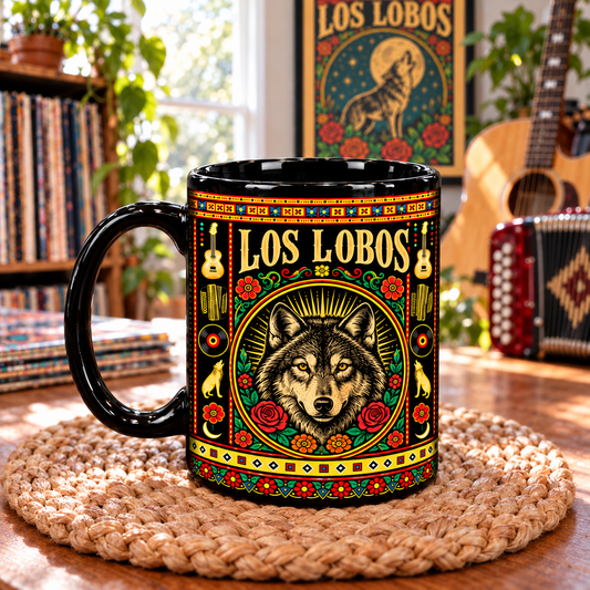 Los Lobos Mexican Folk Art Ceramic Coffee Mug - Howling Wolf Mascot & Accordion Cup - Chicano Rock Fan Unique Gift Idea
