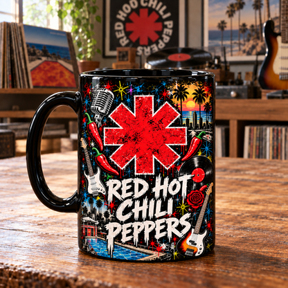 Red Hot Chili Peppers Black Ceramic Coffee Mug - Asterisk Logo & Hits Graffiti Art Cup - Funk Rock Band Merch Fan Gift