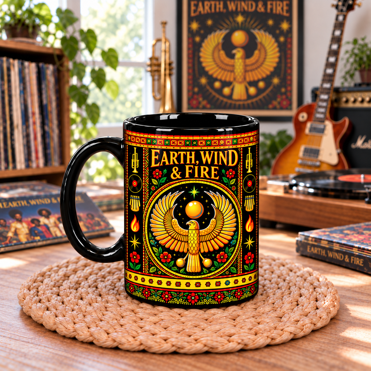 Earth Wind and Fire Mexican Folk Art Ceramic Coffee Mug - Pyramids Sun Wind Fire Cup - Funk Soul Music Fan Unique Gift Idea