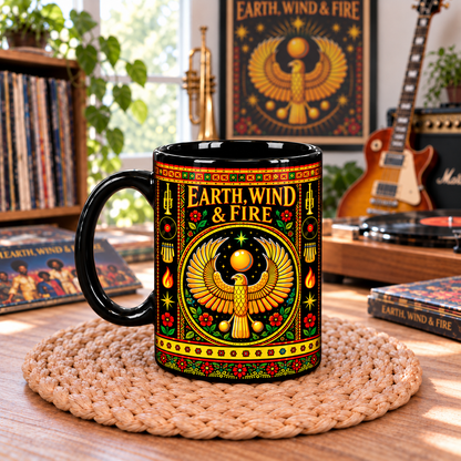 Earth Wind and Fire Mexican Folk Art Ceramic Coffee Mug - Pyramids Sun Wind Fire Cup - Funk Soul Music Fan Unique Gift Idea