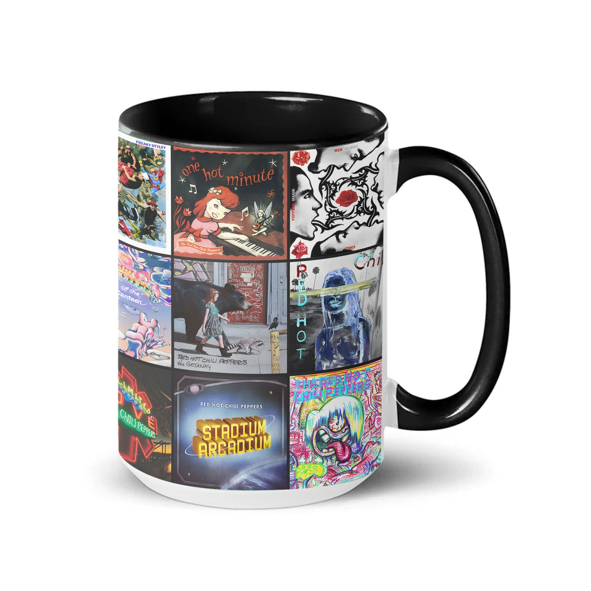 Red Hot Chili Peppers Black Two-Tone Accent Coffee Mug - Classic Rock Band Album Covers Collage Mug